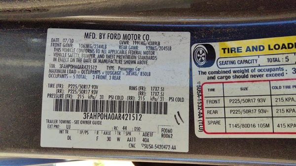 2010 Ford Fusion Crossmember/cradle/undercarria 2.5L AT — photo 4
